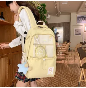 Süßer koreanischer College Rucksack gelber Kontrast Canvas Schultasche für Mädchen Alltag