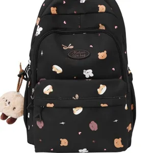 Süßer schwarzer Rucksack für Mädchen mit niedlichem Bären und Katzenprint für die Schule.