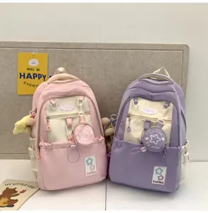 Süßer koreanischer Farbblock-Schulrucksack im Kawaii-Stil mit kleinen Münztaschen-Details.