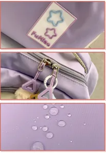 Leichter lila Studentenrucksack Detailaufnahme, wasserdichter Stoff und süße Zipper.