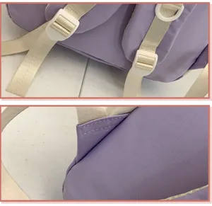 Detailansicht des hellvioletten Studenten-Rucksacks mit Beigegurten und weißen Schnallen.