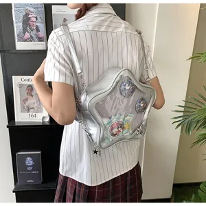 Japanese sweet cool star ita bag with clear mesh window for badges, versatile mini backpack.
