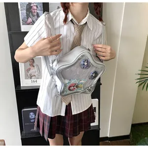 Star shaped silver ita bag detail showcasing clear front window pocket for cute anime badges pins.