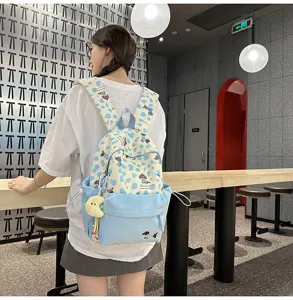 Süßer japanischer Canvas-Rucksack für Teenager-Mädchen, süßer Welpen-Druck Alltags-Schultasche.