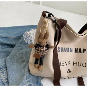 Leinwand-Tasche mit süßem Strick-Hasen-Schlüsselanhänger, große lässige Handtasche.