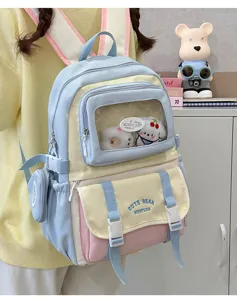 Pastellfarbener Block-Schulrucksack mit transparentem Ita-Fenster und niedlicher Schultasche.