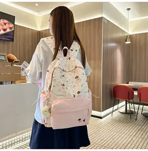 Süßer japanischer rosa Canvas Schulrucksack für Mädchen süßes Hundemuster Tagesrucksack