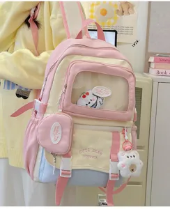 Süßer Farblich abgestimmter Rucksack mit transparenter Tasche und Plüsch Bär Anhänger für Mädchen.