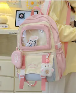 Süßer Farbtch-Ita-Rucksack mit Sichtfenster, Bären-Anhänger und praktischem Mehrfachtaschen-Design.