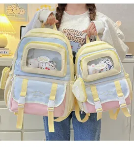 Niedlicher Farbblock-Schulrucksack mit transparenter Tasche für Schüler, Detailansicht.