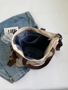 Grosse beige Canvas Shopper Tasche mit braunen Schultergurten fur Alltag Studenten Hauptbild