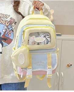 Farbiger pastellfarbener Kinder-Schulrucksack mit klarem Frontfenster und Design.