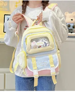 Niedlicher Pastell Schulrucksack mit Sichtfenster, mehrfache Tasche Canvas Alltagsrucksack.
