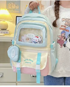 Süßer Farbblock transparentes Fenster Ita Rucksack mit Bär Stickerei und kleine Geldbörse.