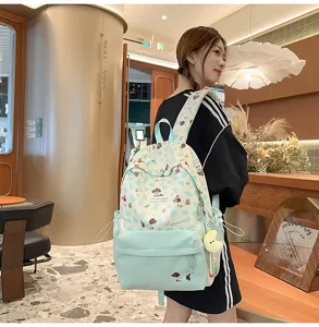 Süßer Canvas Rucksack mit Hundemuster für Mädchen, lässiger mintgrüner Schulranzen für Damen.