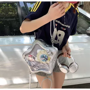 Silver star ita bag with transparent window, ideal for showcasing anime badges and pins securely.