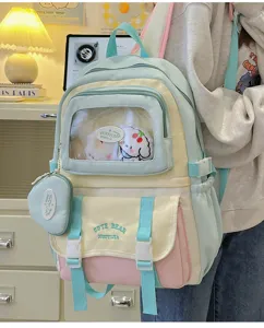 Süßer Pastell-Farbblock-Schulrucksack mit transparentem Ita-Fenster für Kinder und Schüler süß