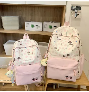 Süsser japanischer Stil Canvas Schulrucksack mit Hundemotiv, rosa und cremefarbener Tagesrucksack.