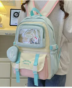 Süßer pastellfarbener Schulrucksack mit transparentm Fenster und kleiner Münztasche