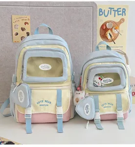 Bunter Schulrucksack süßer Bär transparente Frontentasche Segeltuch Schultasche für die Schüler