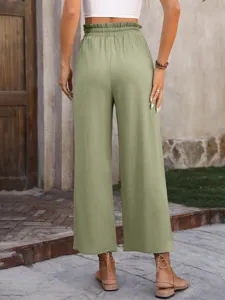 Casual solid color loose cotton linen high waist wide leg pants, back view detail display.