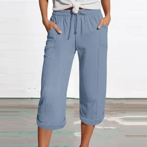 Casual cropped trousers detail, breathable cotton linen fabric with drawstring and pockets.
