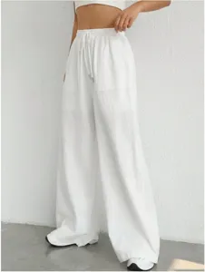 Donna pantaloni casual bianchi con coulisse gamba larga tinta unita comodi stile