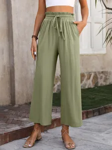 Casual solid color high waist wide leg cotton linen trousers for women detail display