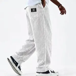 Men's casual corduroy straight pants, loose fit vintage style white trousers for daily wear.