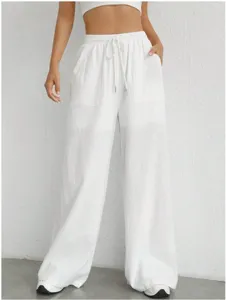 Pantaloni casual donna tinta unita coulisse gamba dritta tasche bianco stile quotidiano