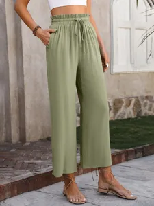Olive green high waist wide leg pants for women, casual linen cotton trousers with drawstring.