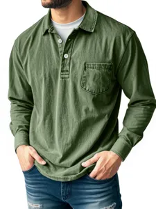 Vintage washed cotton long sleeve polo shirt for men with chest pocket and white buttons detail.
