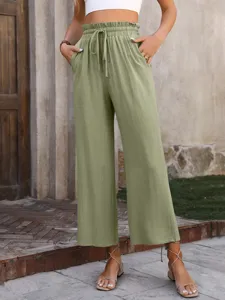 Women high waisted wide leg pants casual loose linen cotton trousers solid color spring