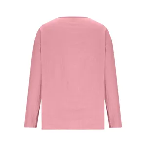 Back view detail of casual solid pink long sleeve top, relaxed fit comfortable fabric.