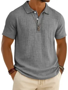 Men's casual summer solid color slub cotton linen short sleeve polo shirt detail view