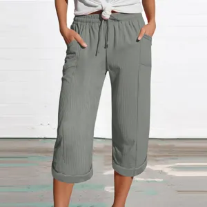 Casual cotton linen capri pants for women with side pockets and elastic drawstring waist.