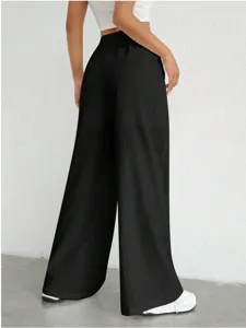 Vista dettagliata di pantaloni dritti neri tinta unita casual con elastico per donna.