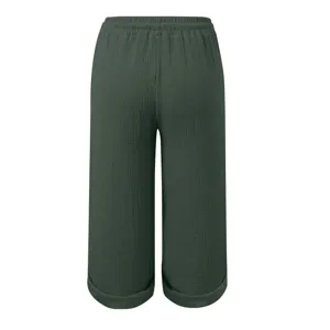 Casual solid color cotton linen cropped wide leg pants for women with elastic waist and rolled cuffs.