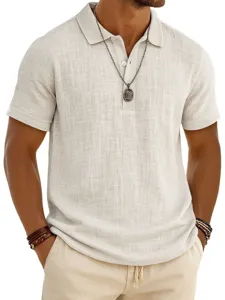 Men's casual short-sleeve linen blend polo shirt in solid beige with classic lapel collar.