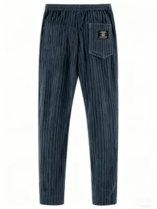 Men corduroy casual pants vintage loose straight trousers solid color elastic waist