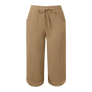 Casual solid color cotton linen breathable rolled cuff cropped pants women summer lightweight