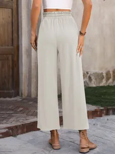 Casual solid color loose linen high waist wide leg trousers for women summer casual wear detail.