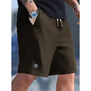 Mens brown waffle knit shorts casual summer streetwear drawstring five point trousers