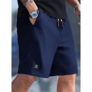 Men's casual waffle knit shorts navy blue summer streetwear comfortable drawstring
