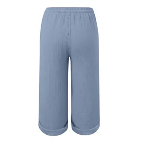 Casual solid color breathable linen cropped pants with elastic waist and cuffed hem detail.