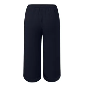 Details of women's casual cropped pants featuring rolled cuffs and comfortable elastic waist.