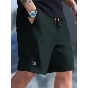 Men waffle knit shorts summer casual outdoor sports drawstring five-point shorts green