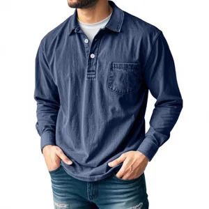 Mens vintage washed long sleeve polo shirt casual cotton top with chest pocket main