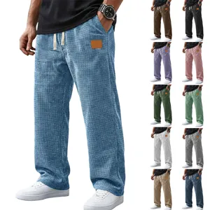 Men's Waffle Texture Straight Leg Casual Pants American Retro Drawstring Waist Sweatpants With Pocket Leather Label Bottom