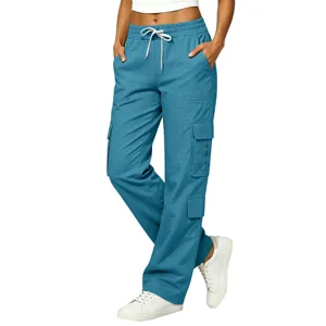 Women casual blue cargo pants with multi-pockets and drawstring waist for daily streetwear fashion.